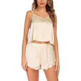 Women Silk Cami Shorts Set Sexy Camisole Set Ruffled Pants Silk Sleepwear - DIANASILK