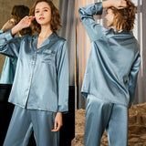 Women Silk Loungewear Blue Silk Long Sleeves luxury ladies Pajamas - DIANASILK