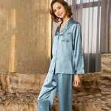 Women Silk Loungewear Blue Silk Long Sleeves luxury ladies Pajamas - DIANASILK