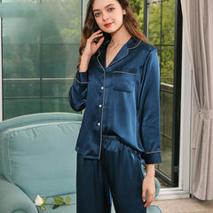 Women Silk Loungewear Blue Silk Long Sleeves luxury ladies Pajamas - DIANASILK