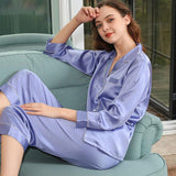 Women Silk Loungewear Blue Silk Long Sleeves luxury ladies Pajamas - DIANASILK