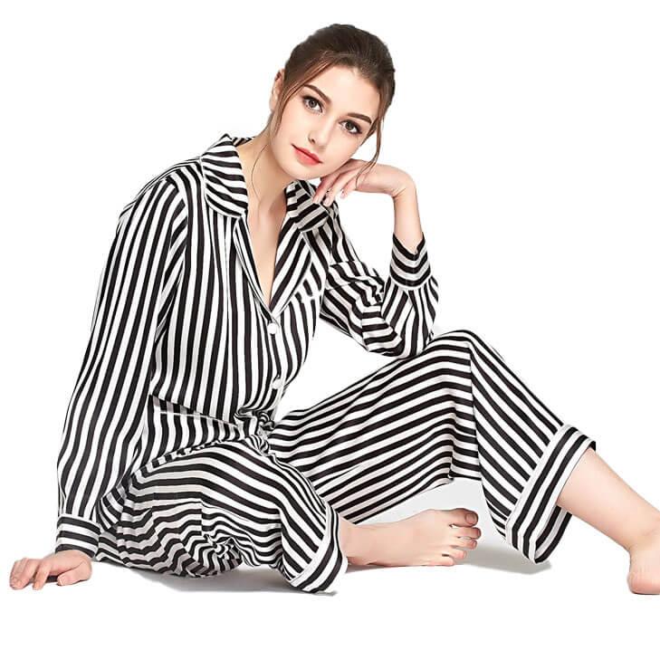 Women's 100% Silk Pajama Black and White Striped Silk Pajamas Sleepwear Sets - DIANASILK