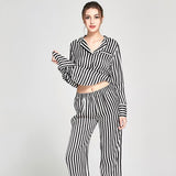 Women's 100% Silk Pajama Black and White Striped Silk Pajamas Sleepwear Sets - DIANASILK