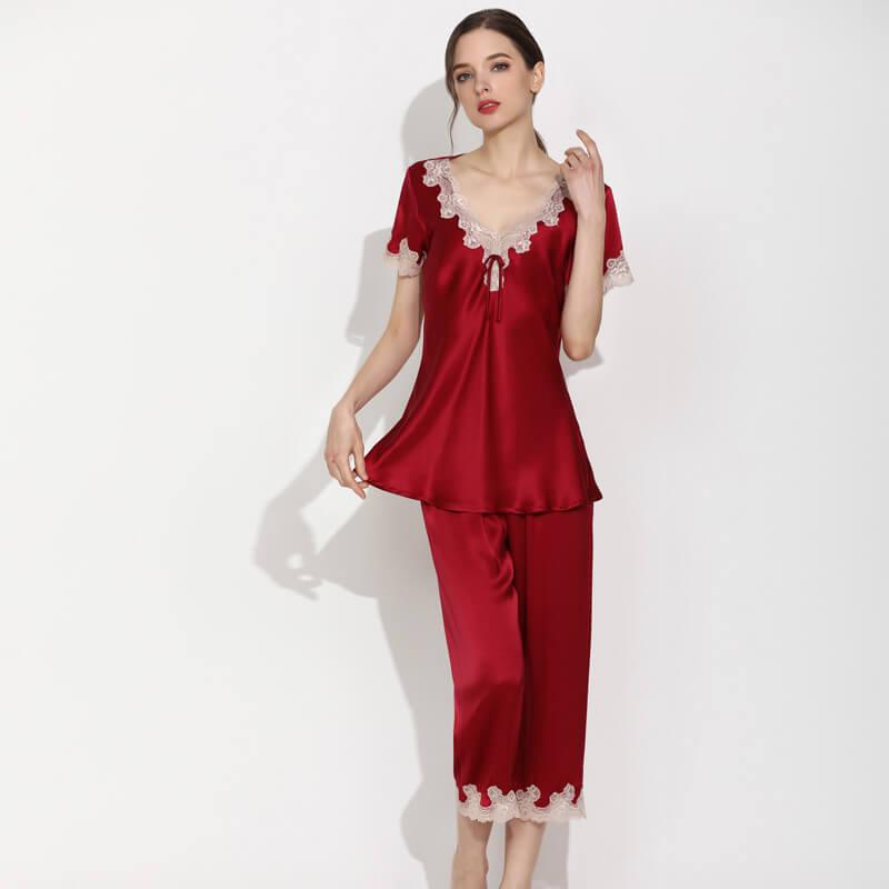 Women's 100% Silk Pajama Set Luxury Short Set with Lace Trimming - DIANASILK