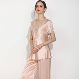 Women's 100% Silk Pajama Set Luxury Short Set with Lace Trimming - DIANASILK
