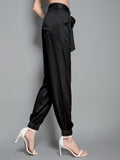 Womens Fashion Tie Waist Ankle Banded Cropped Silk Trousers - DIANASILK