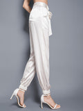 Womens Fashion Tie Waist Ankle Banded Cropped Silk Trousers - DIANASILK