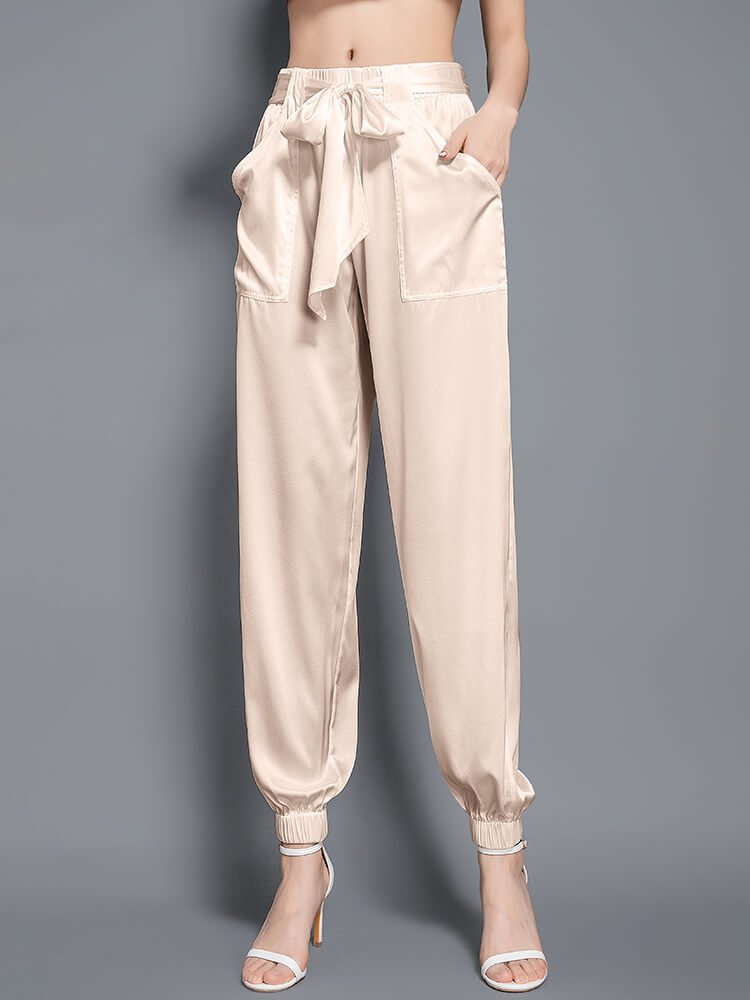 Womens Fashion Tie Waist Ankle Banded Cropped Silk Trousers - DIANASILK