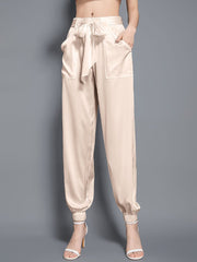 Womens Fashion Tie Waist Ankle Banded Cropped Silk Trousers - DIANASILK
