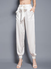 Womens Fashion Tie Waist Ankle Banded Cropped Silk Trousers - DIANASILK