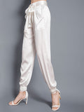 Womens Fashion Tie Waist Ankle Banded Cropped Silk Trousers - DIANASILK