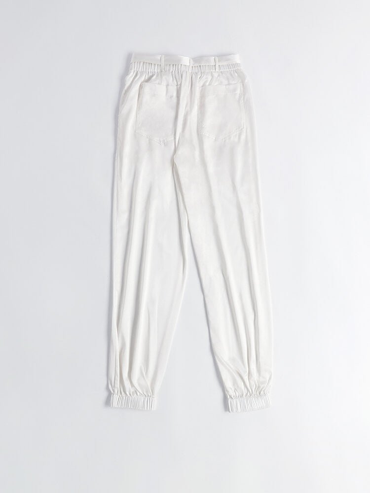 Womens Fashion Tie Waist Ankle Banded Cropped Silk Trousers - DIANASILK