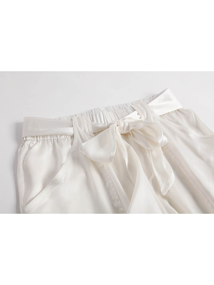Womens Fashion Tie Waist Ankle Banded Cropped Silk Trousers - DIANASILK