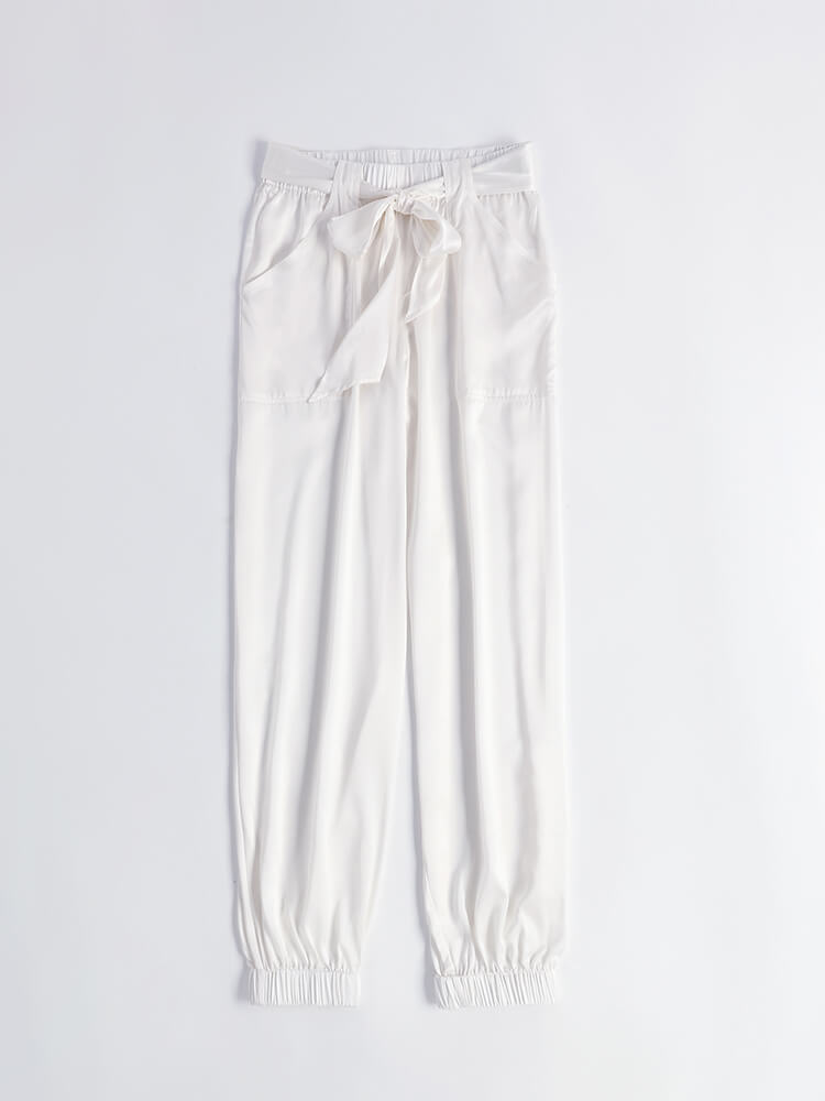 Womens Fashion Tie Waist Ankle Banded Cropped Silk Trousers - DIANASILK