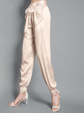 Womens Fashion Tie Waist Ankle Banded Cropped Silk Trousers - DIANASILK
