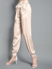 Womens Fashion Tie Waist Ankle Banded Cropped Silk Trousers - DIANASILK
