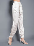 Womens Fashion Tie Waist Ankle Banded Cropped Silk Trousers - DIANASILK