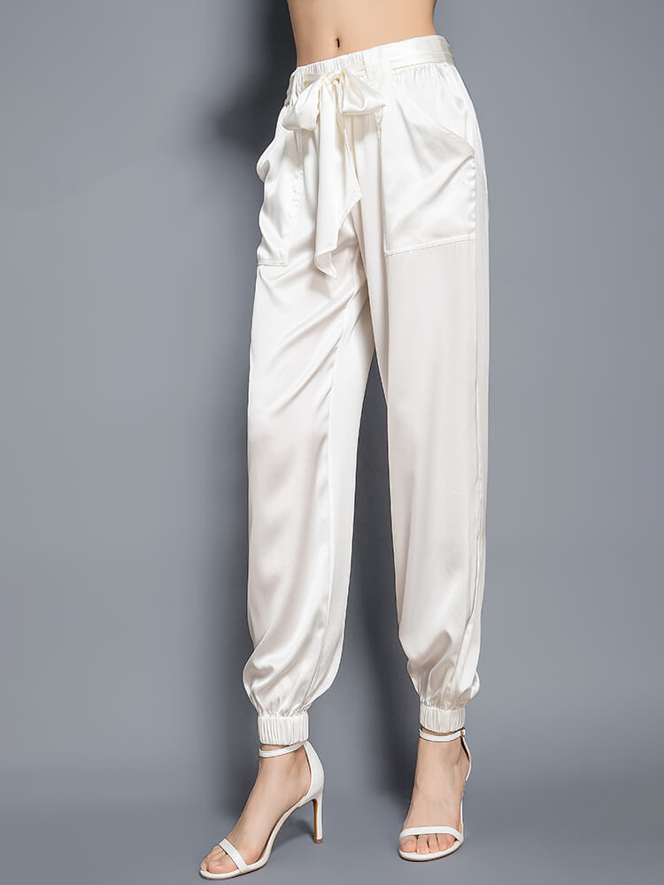 Womens Fashion Tie Waist Ankle Banded Cropped Silk Trousers - DIANASILK