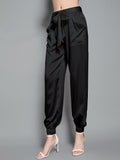 Womens Fashion Tie Waist Ankle Banded Cropped Silk Trousers - DIANASILK