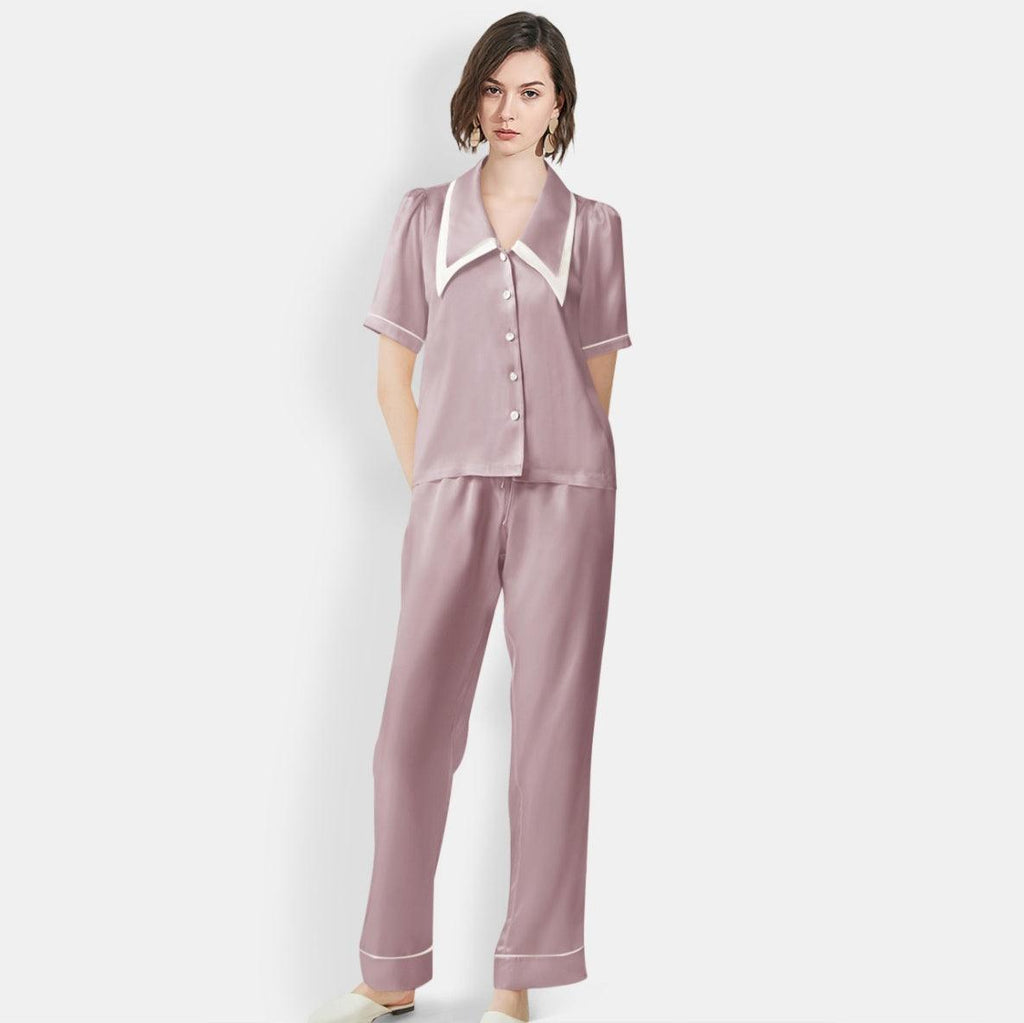 Women's Mulberry Silk Pajama Set Elegant Long Full Length Short Sleeve Silk Sleepwear - DIANASILK