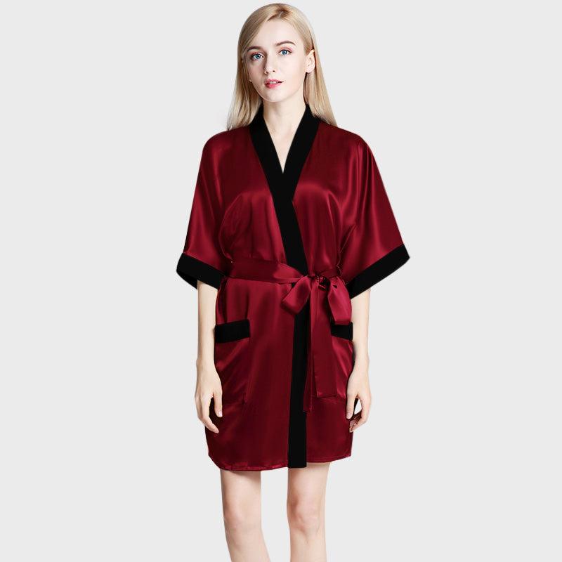 Female Short Robe Women's Short Robe with Pockets 100% Pure Silk Bathrobe with Belt ...