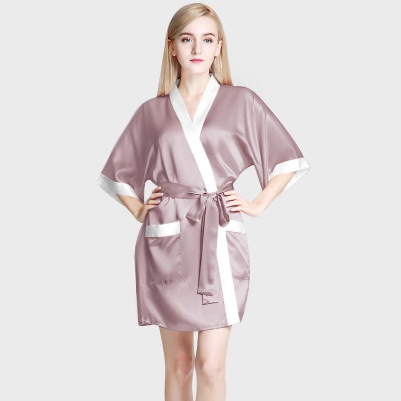 Women's Short Robe with Pockets 100% Pure Silk Bathrobe with Belt ...
