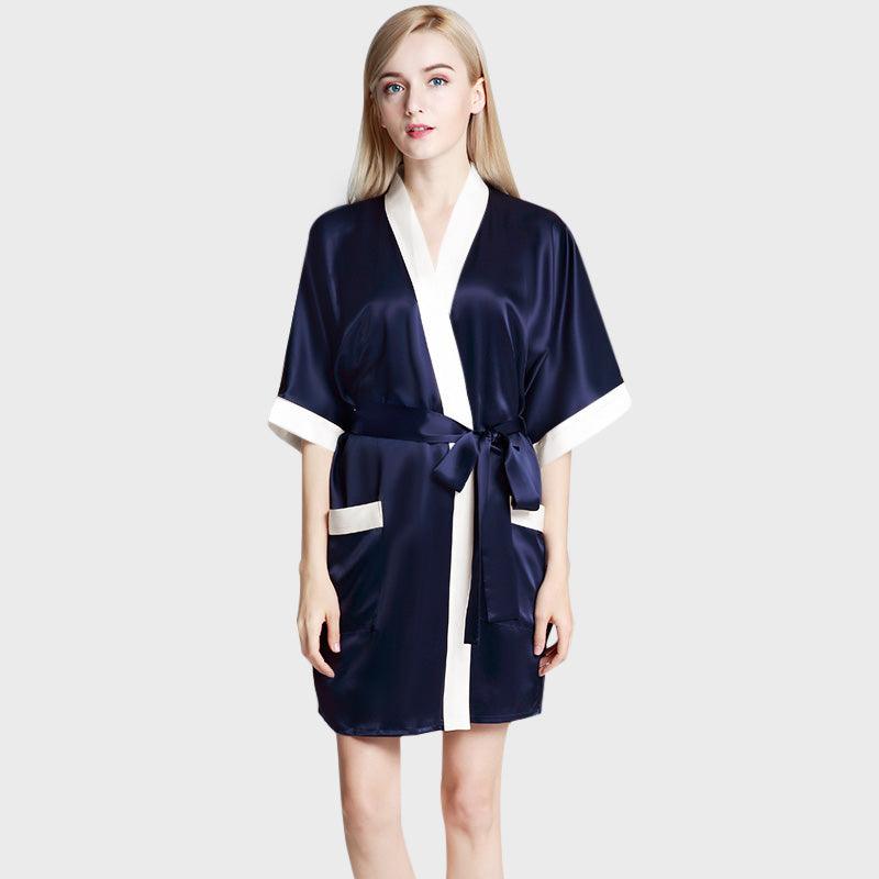 Women's Mulberry Silk Short Robe with Pockets 100% Pure Silk Bathrobe with Belt - DIANASILK