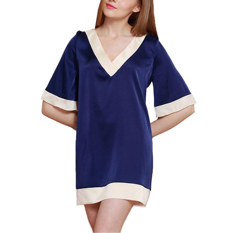 Women's Silk Nightgown Nightshirt blue and black two color sleepwear - DIANASILK